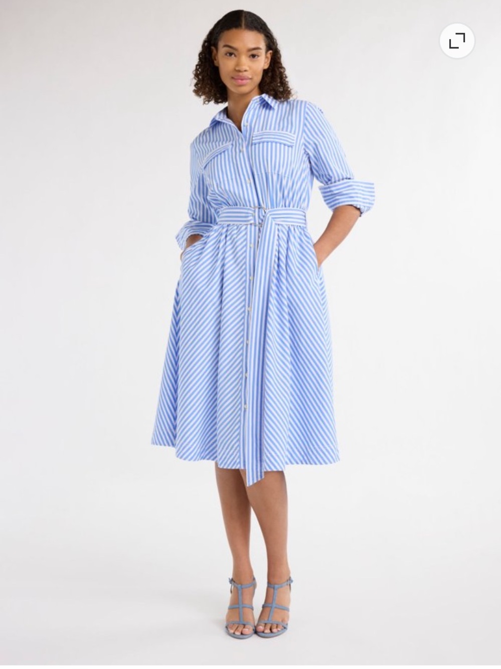 Striped Blue & White Long Sleeve Shirt Dress with Self-Tie Waist